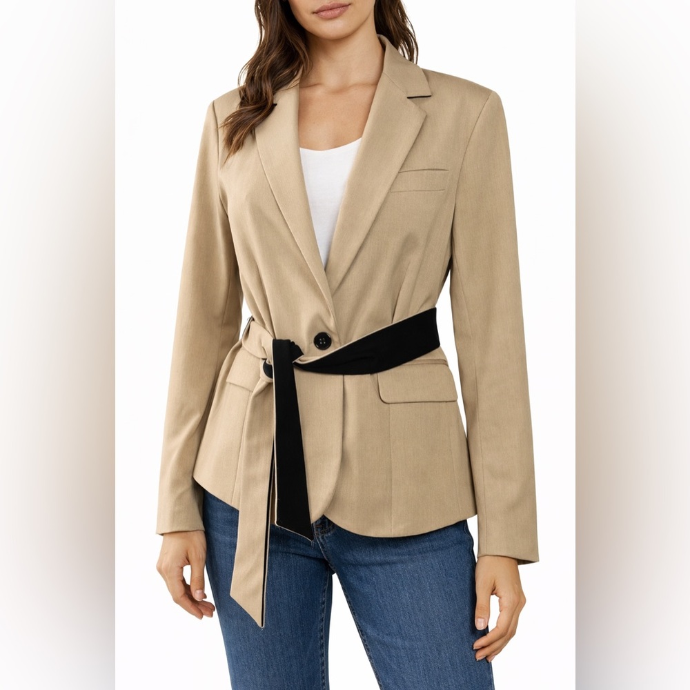 New York & Co 7th Ave Tan Blazer Belted Black Trim Work Career Chic 6 Neutral